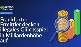 Gestapelte Goldmünzen, eine Lupe und ein steigendes Balkendiagramm.