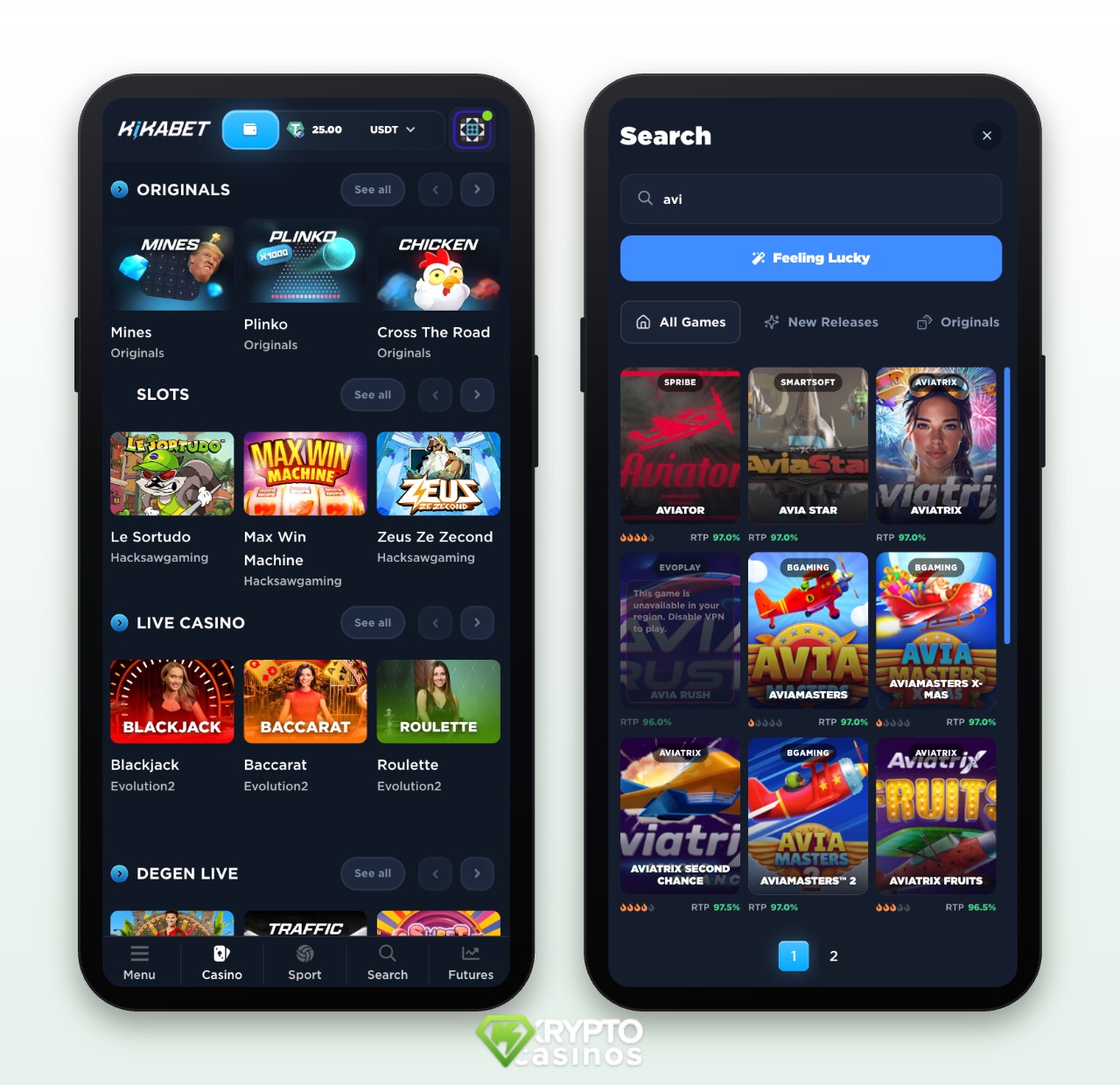Das Bild zeigt zwei mobile Screenshots während des Kikabet Casino Tests.