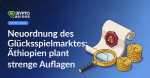 Ein Dokument mit Wachssiegel, daneben eine große Lupe und ein Stapel Goldmünzen.