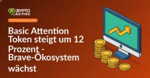 Computerbildschirm mit einem aufwärts gerichteten Diagramm und einfachen Goldmünzen.