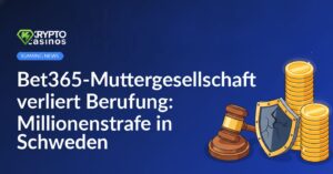 Ein hölzerner Richterhammer liegt neben einem rissigen Schild und gestapelten Goldmünzen.