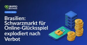 Ein Smartphone mit einem Vorhängeschloss, daneben ein Server-Rack und ein Stapel Goldmünzen.