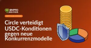 Stapel unbedruckter Goldmünzen neben einem metallischen Schutzschild und einem 3D-Kreisdiagramm.
