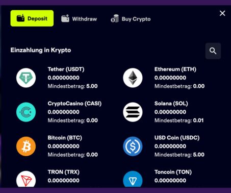Das Bild zeigt die Kryptcoinauswahl von CryptoCasino.com Schweiz