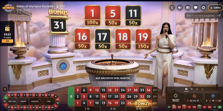 Das Bild zeigt eine live Runde des Gates of Olympus Roulette's bei CryptoCasino.com Schweiz