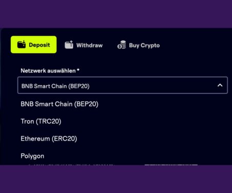 Das Bild zeigt die Netzwerkauswahl bei CryptoCasino.com Schweiz