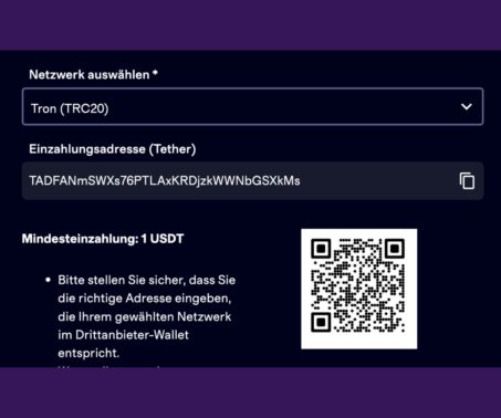 Das Bild zeigt die Zahlungsadresse oder den QR Code zum kopieren für die Einzahlung