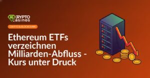 Computerserver-Rack mit abfallendem Liniendiagramm und davor verstreuten, ungeprägten Goldmünzen.