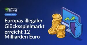 Ein Computerbildschirm, davor ein Stapel Goldmünzen und ein zerbrochener Schild.