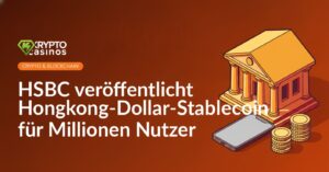 Klassisches Bankgebäude, ein Smartphone mit leerer Bezahl-App und gestapelte blanke Goldmünzen.
