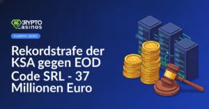 Ein hölzerner Richterhammer neben einem hohen Stapel Goldmünzen vor verbundenen Server-Racks.