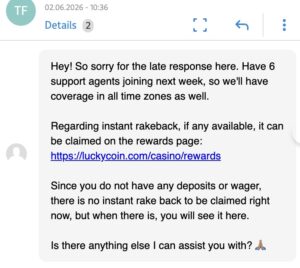 Das Bild zeigt eine E-Mail des LuckyCoin Mitarbeiters aus dem Livechat