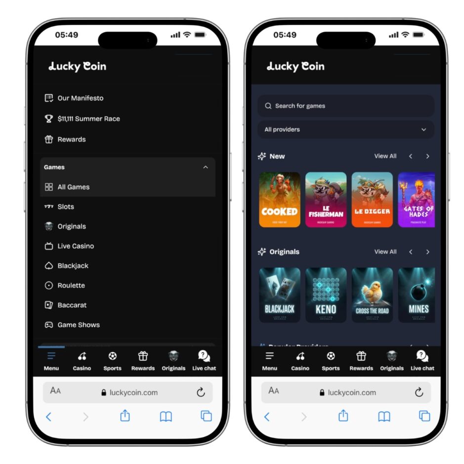 Das Bild zeigt die Mobile version des Luckycoin.io Casinos Schweiz. Rechts sieht man die Spiellobby und link das Hauptmenü