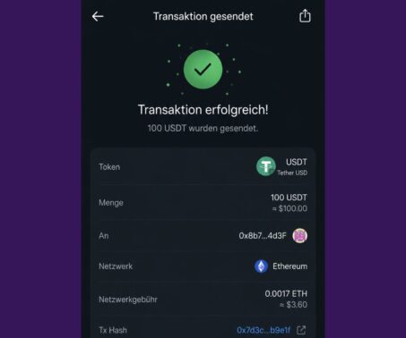 Das Bild zeigt einen Ausschnitt einer Wallet wie eine Transaktion erfolgreich durchgeführt wurde.