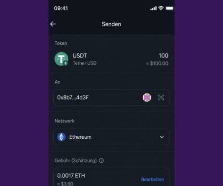 Das Bild zeigt einen Ausschnitt einer Wallet wie man eine Zahlung veranlässt