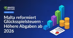 Stufenförmiges Balkendiagramm, gestapelte Goldmünzen und ein offizielles Dokument mit Siegel.