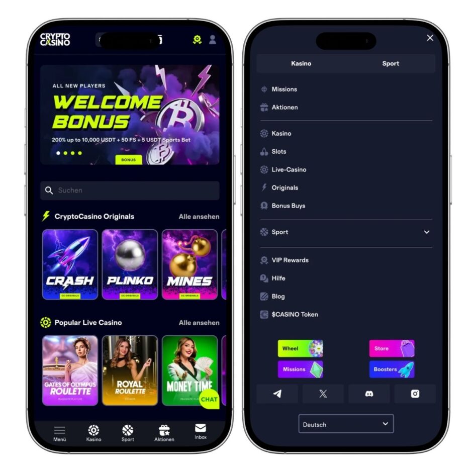 Das Bild zeigt die mobile Ansicht des CryptoCasino.com Schweiz. Links sieht man die Startseite und rechts das Menü