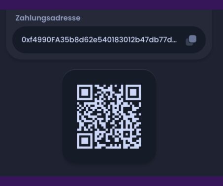 Hier wird der QR Code und die Adresse zur Einzahlung angezeigt