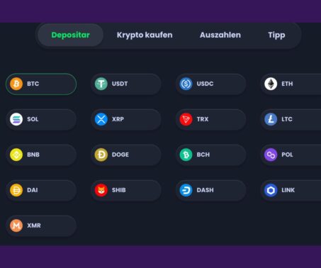 Das Bild zeigt, welche Kryptocoins im Jack.com vorhanden sind