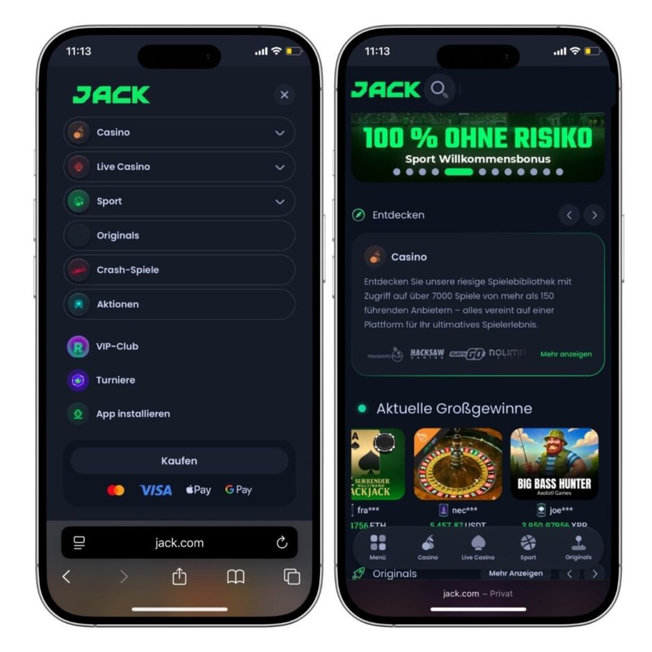Das Bild zeigt die mobile Ansicht des Jack.com. Rechts sieht man die Startseite und links das Menü