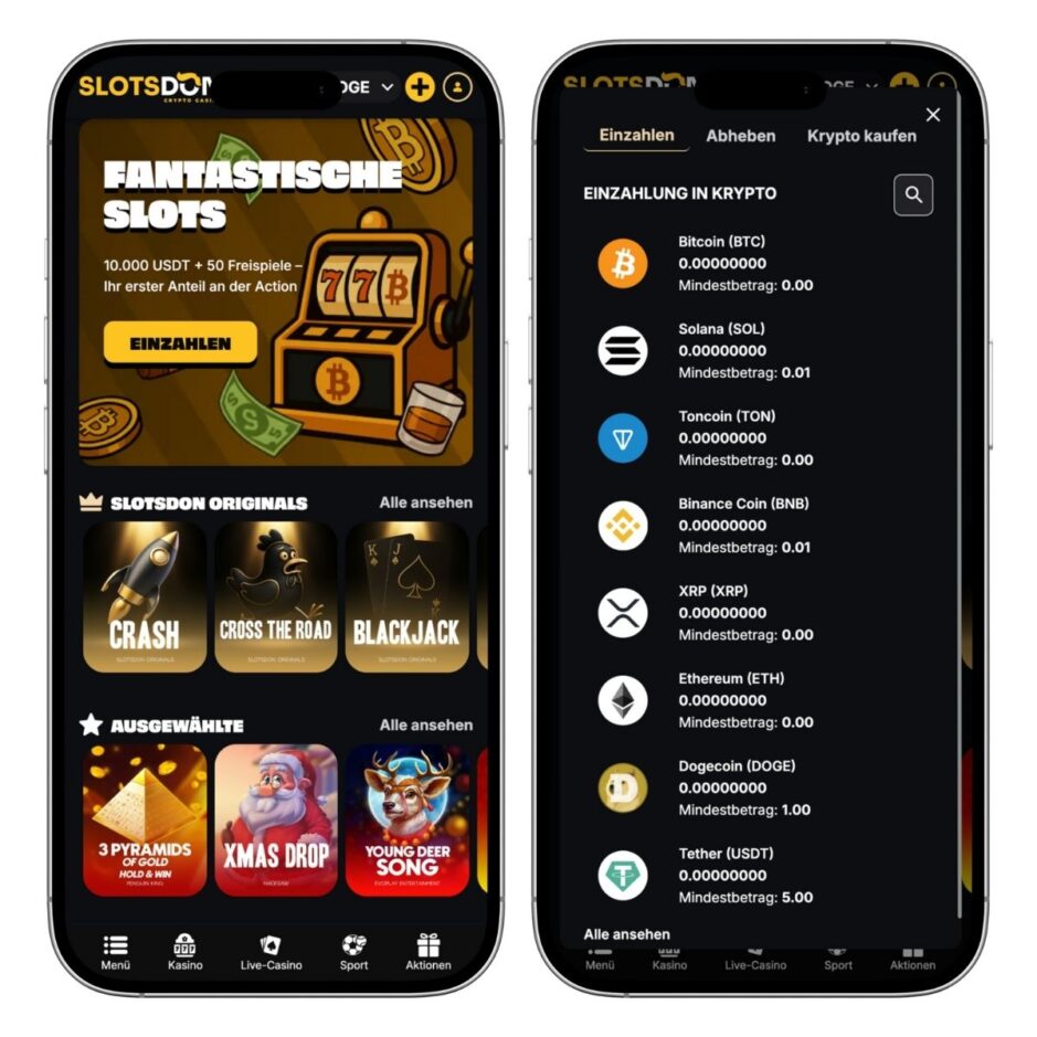 Das Bild zeigt links die mobile Ansicht der Startseite von Slotsdon und rechts die Einzahlungsmaske