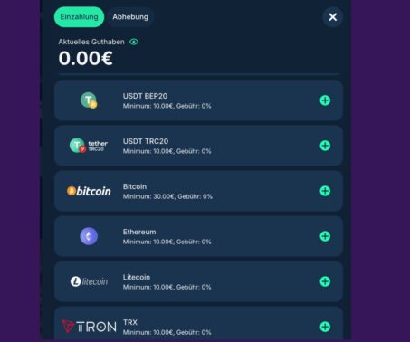 Das Bild zeigt die Auswahl und Krypto Coins im Playzilla Casino Deutschland