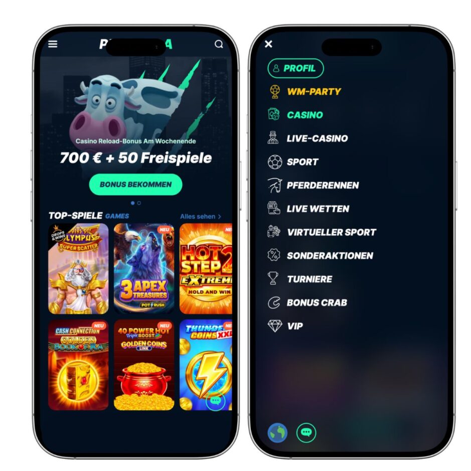 Das Bild zeigt die mobile Ansicht des Playilla Deutschlands. Links sieht man die Startseite mit der Spiellobby und rechts das Hauptmenü